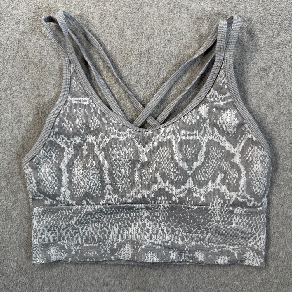 New Balance Women's Medium Sports Bra Gray White Snake Print Strappy Active